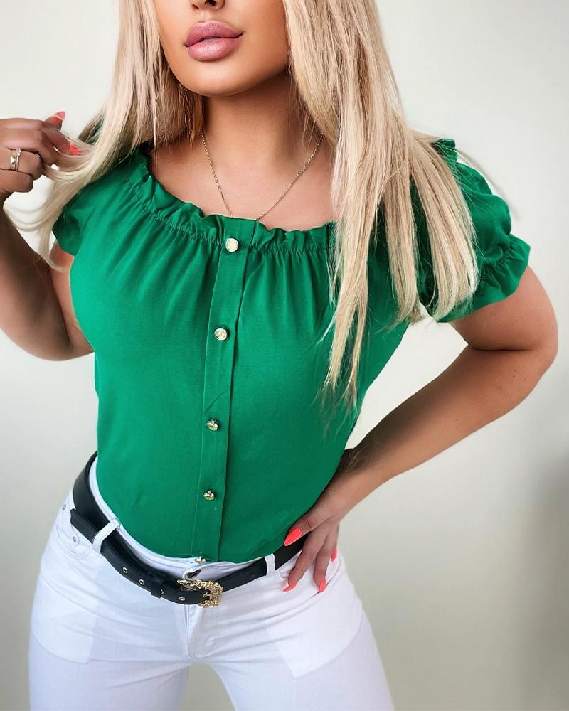 

Frill Hem Button Decor Off Shoulder Top, Green
