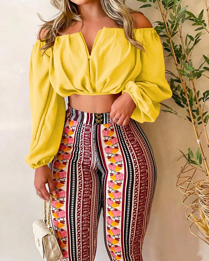 

Off Shoulder Ruched Top & Tribal Print Pants Set, Yellow
