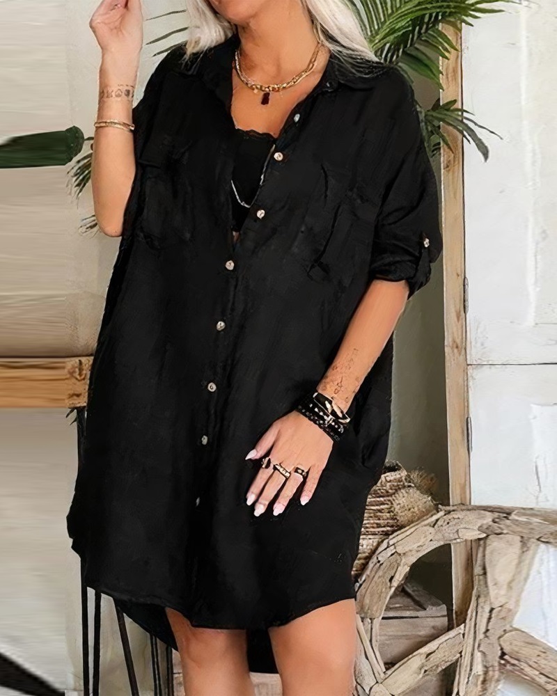 

Pocket Design Buttoned Slit Shirt Dress, Black