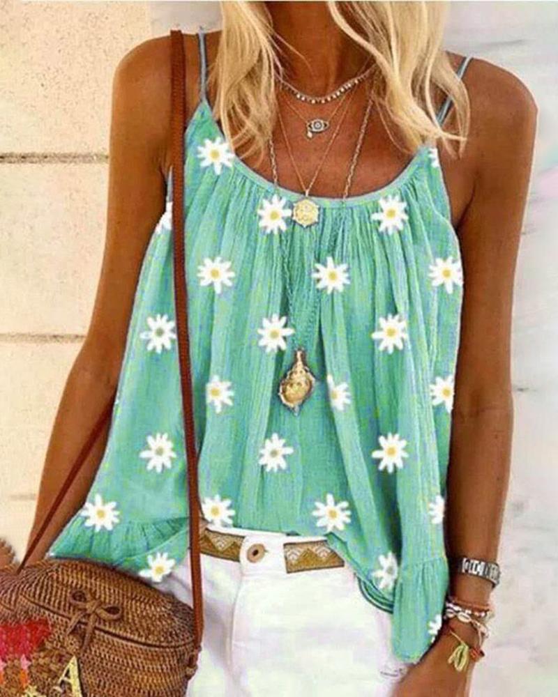 

Daisy Print U-neck Casual Tank Top, Green