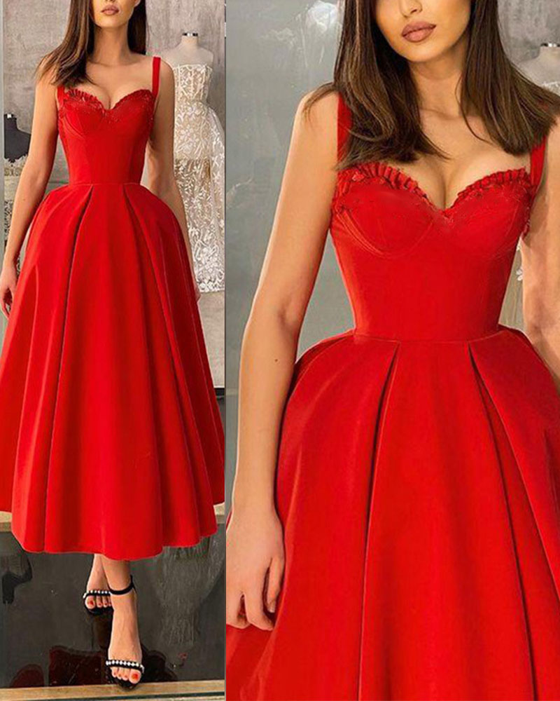 

Frill Hem Fit & Flare Evening Dress, Red