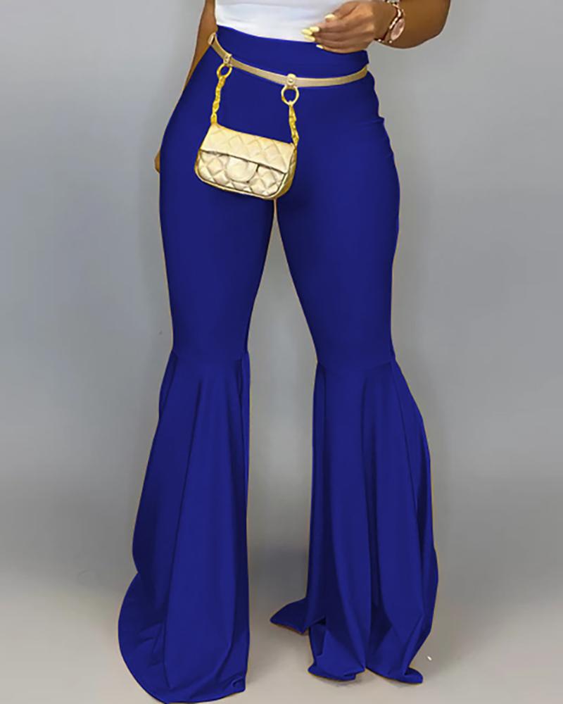 

Solid High Waist Bell-bottomed PU Pants, Blue