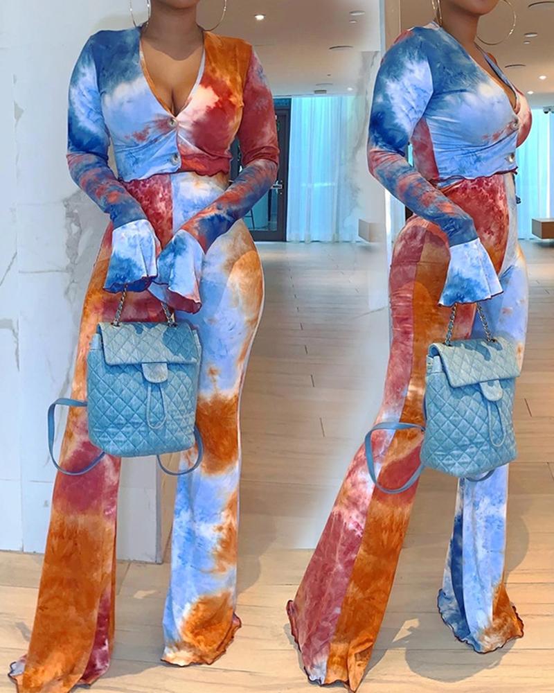 

Buttoned Tie Dye Print Top & Bootcut Pants Set, Multicolor