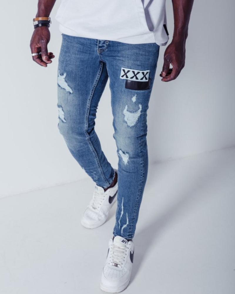 

Solid Color Washing Patchwork Skinny Ripped Jean Pants, Blue
