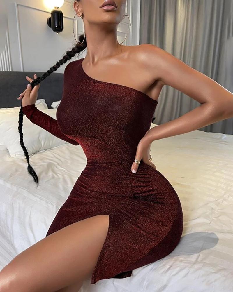 

Slit One Shoulder Glitter Party Dress, Brown