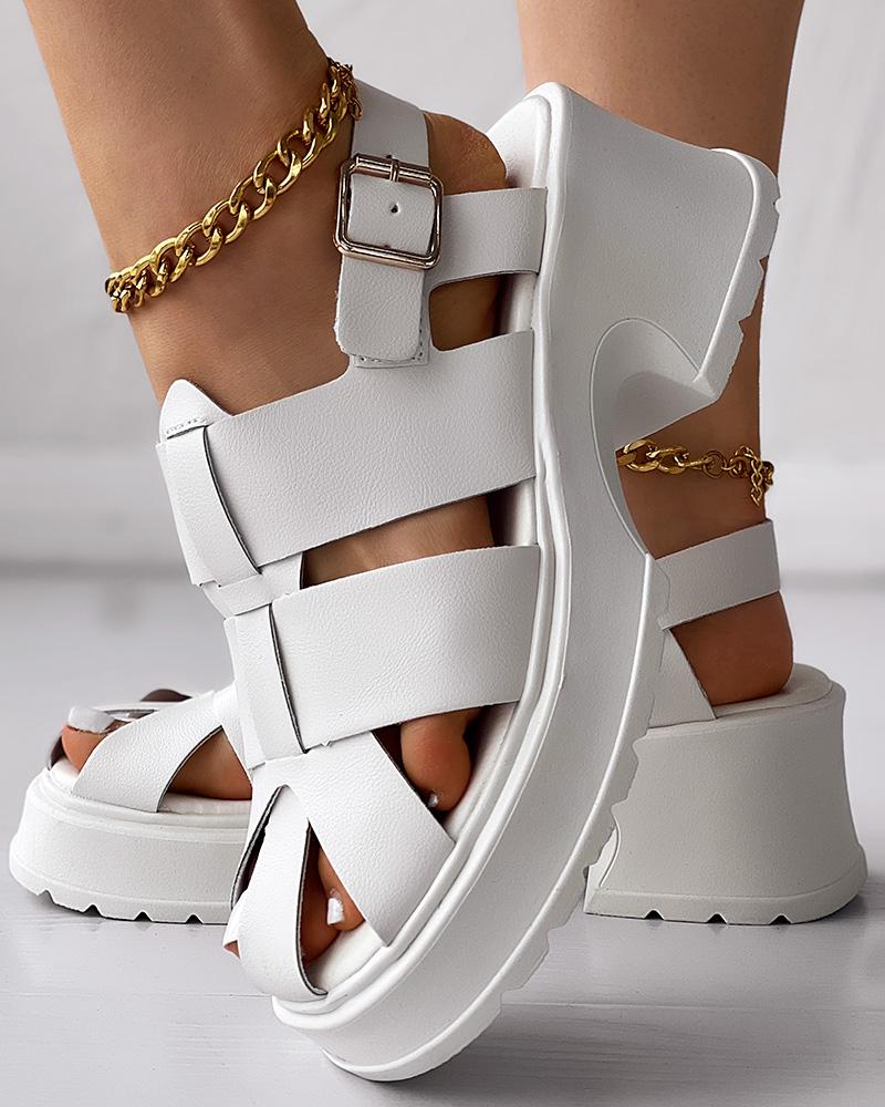 

Hollow Out Slingback Platform Wedge Sandals, Beige