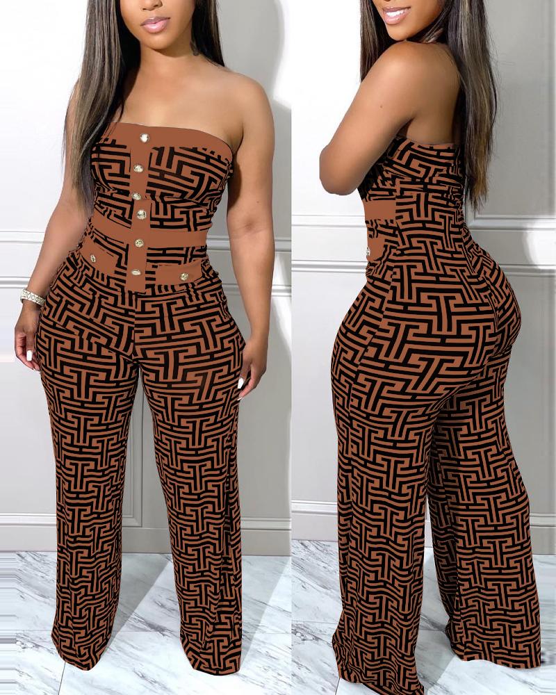 

Geometric Print Button Decor Tube Jumpsuit, Brown