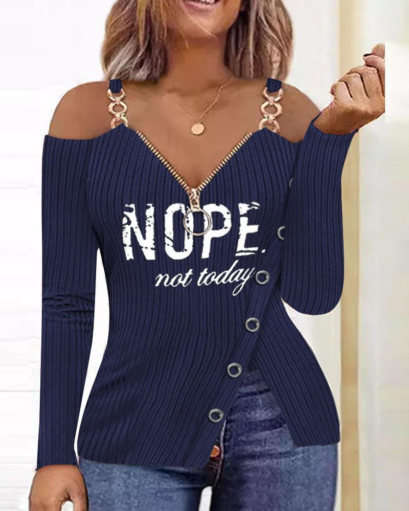 

Letter Print Zip Detail Cold Shoulder Top, Blue