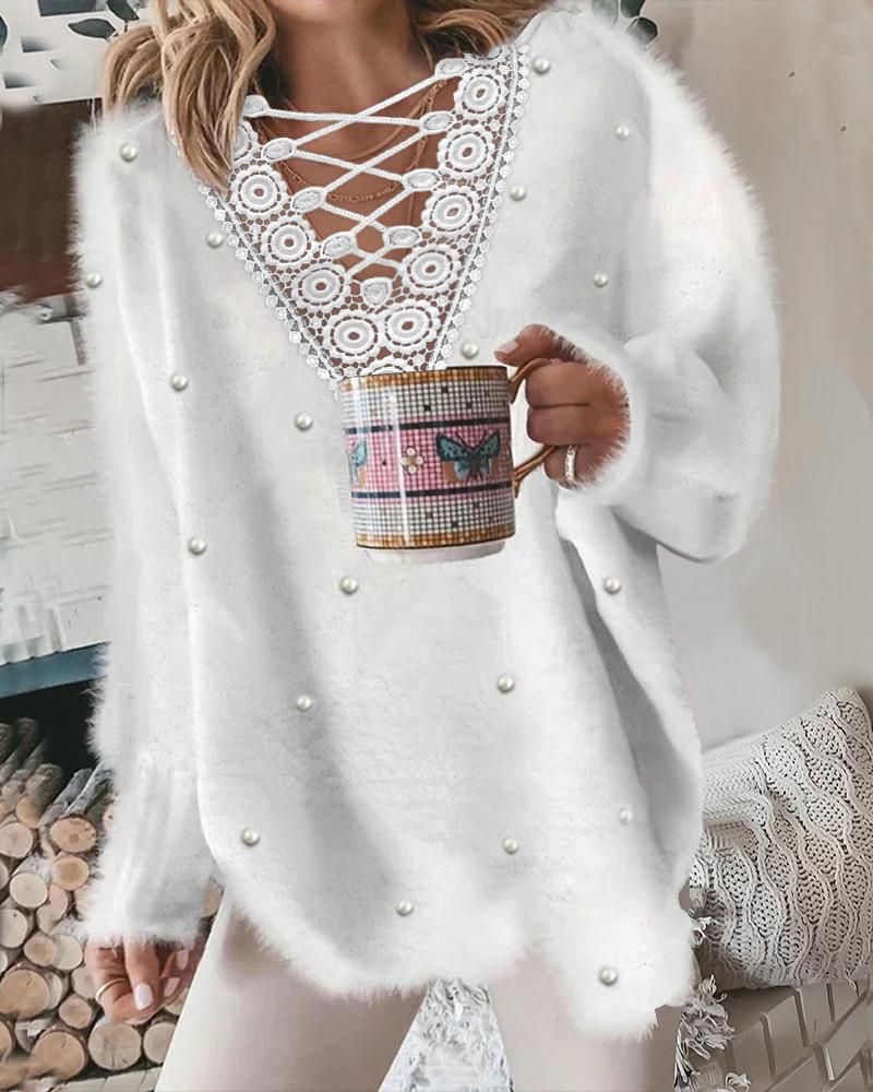 

Pearls Decor Lace Patch Criss Cross Casual Top, White