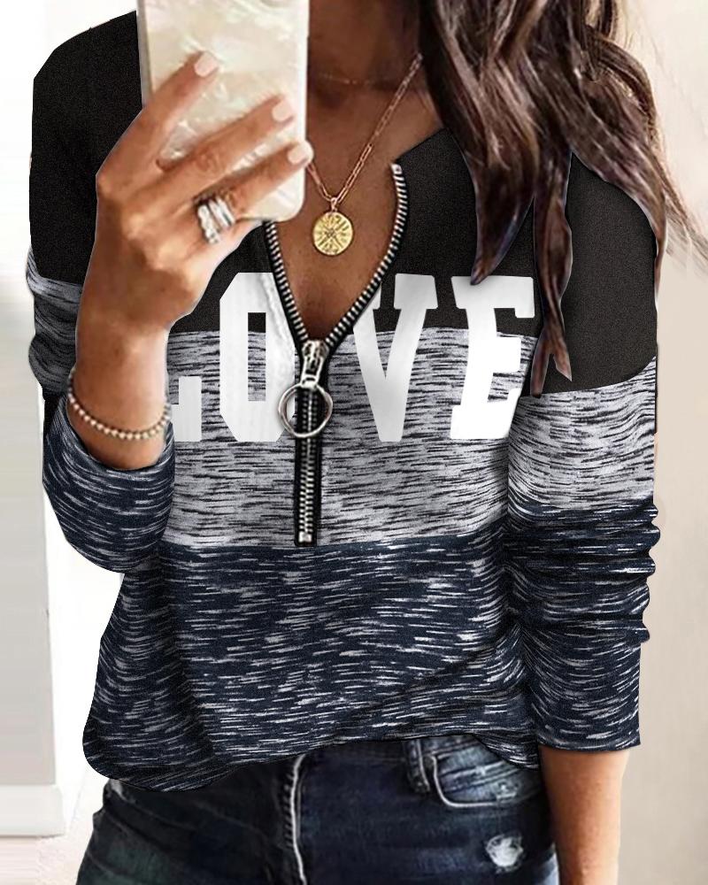

Letter Print Colorblock Zip Front Long Sleeve Top, Gray