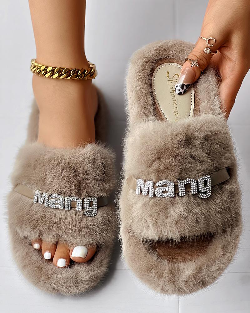 

Rhinestone Letter Decor Fluffy Winter Slippers, Khaki