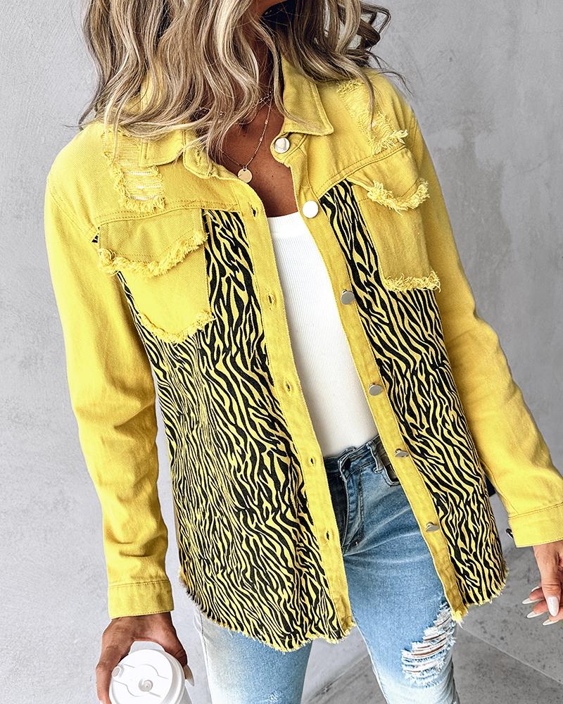 

Zebra Stripe Print Ripped Raw Hem Denim Jacket, Yellow