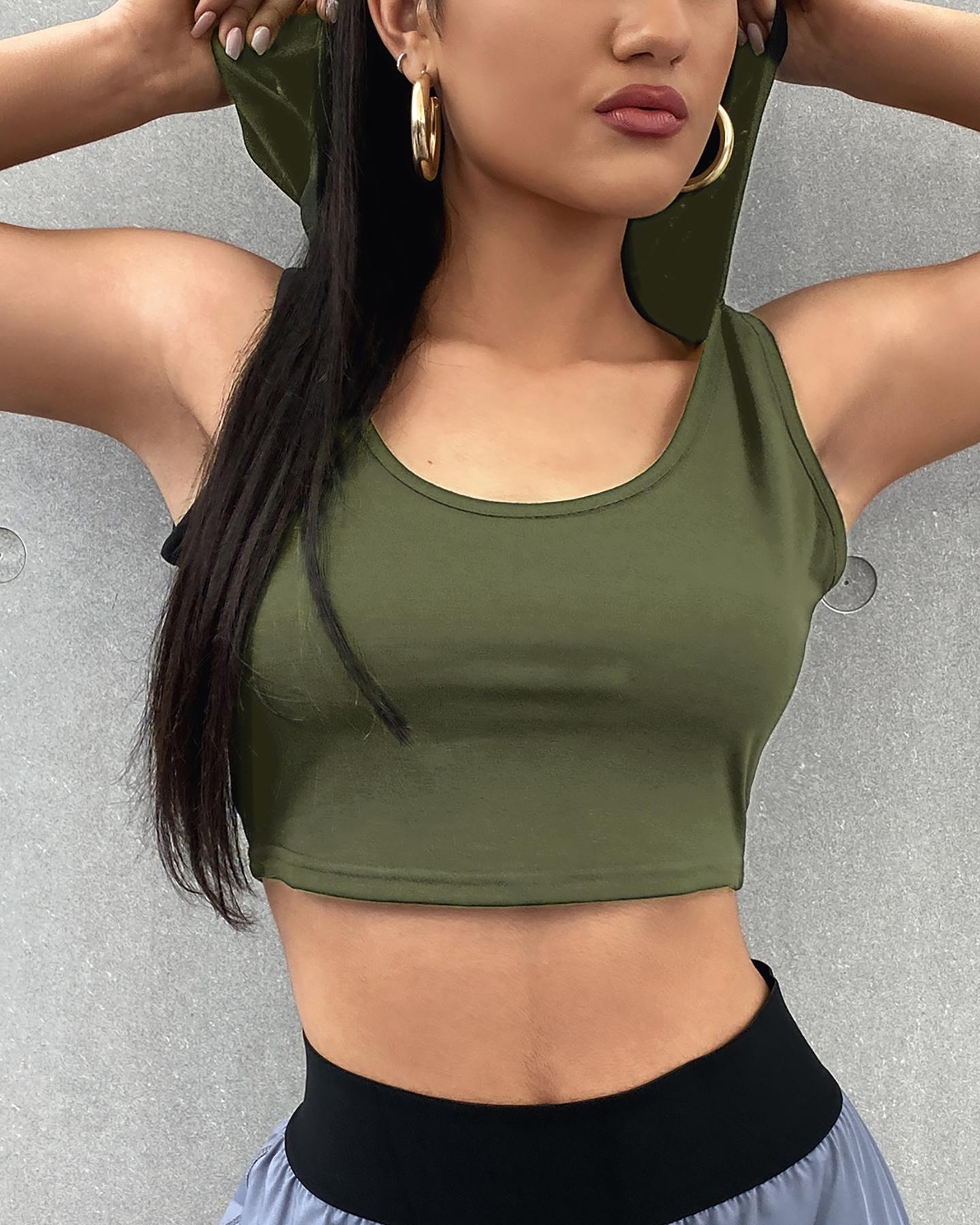 

Plain V Neck Sleeveless Short Hoodie Top, Green