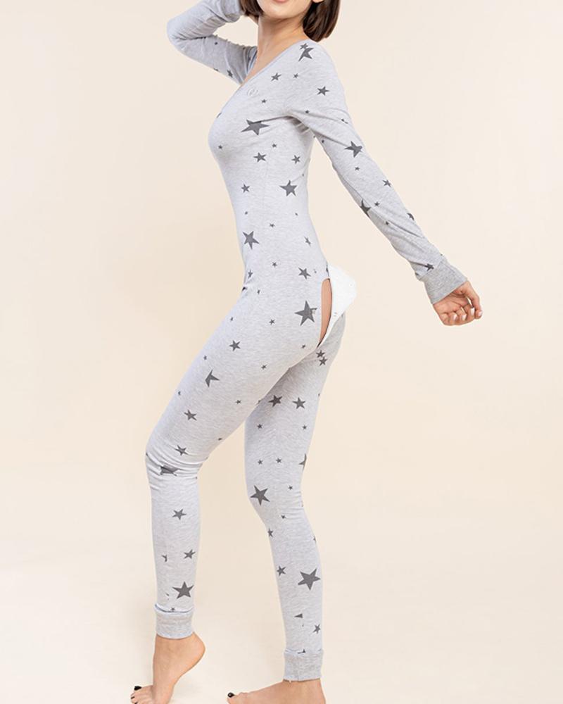 

Stars Print Long Sleeve Functional Skinny Jumpsuit Sleepwear, Gray