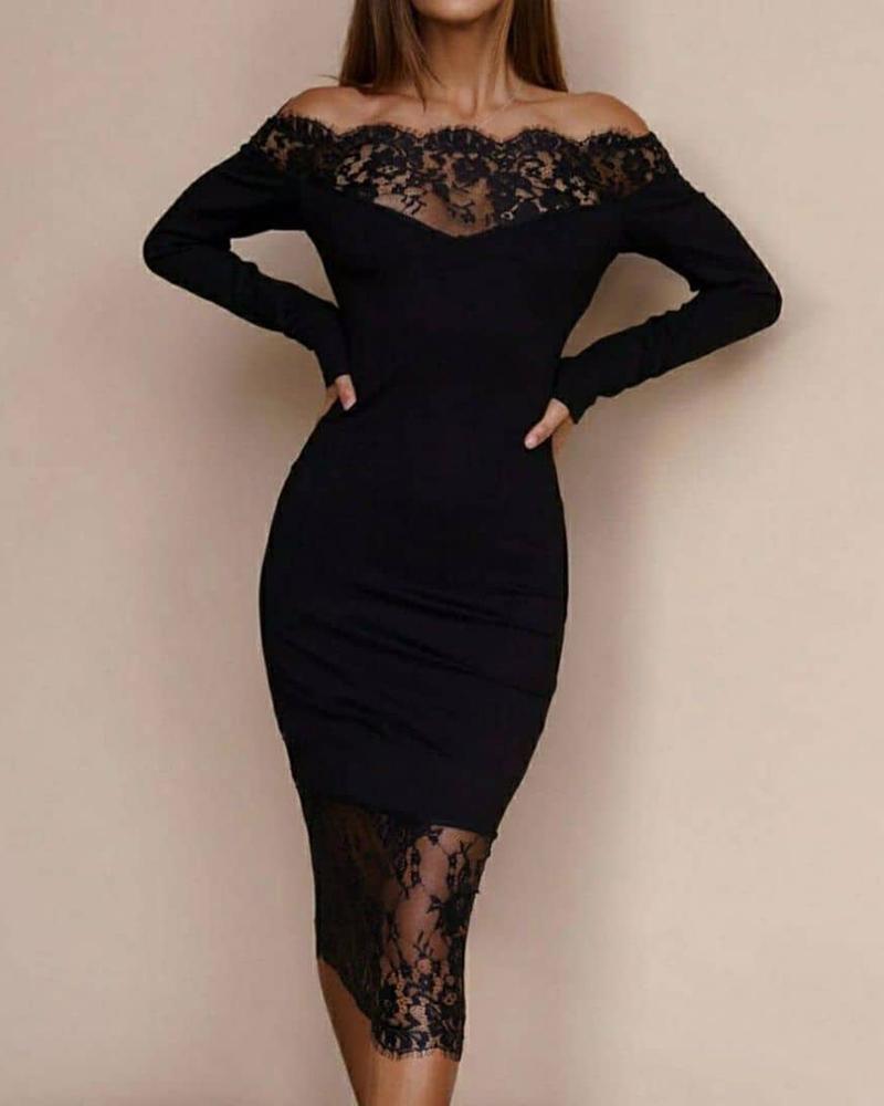 

Off Shoulder Crochet Lace Long Sleeve Bodycon Dress, Black