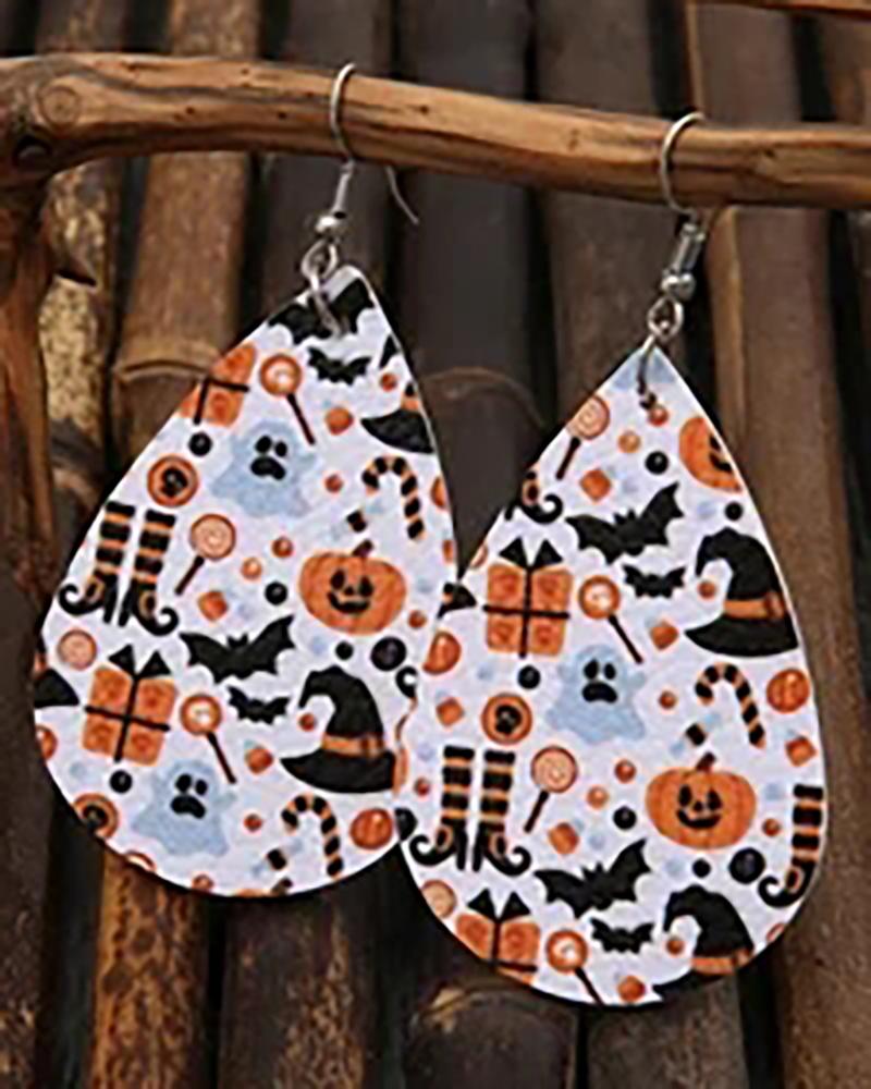 

1Pair Halloween Pumpkin Bat Print Drop Earrings, Orange