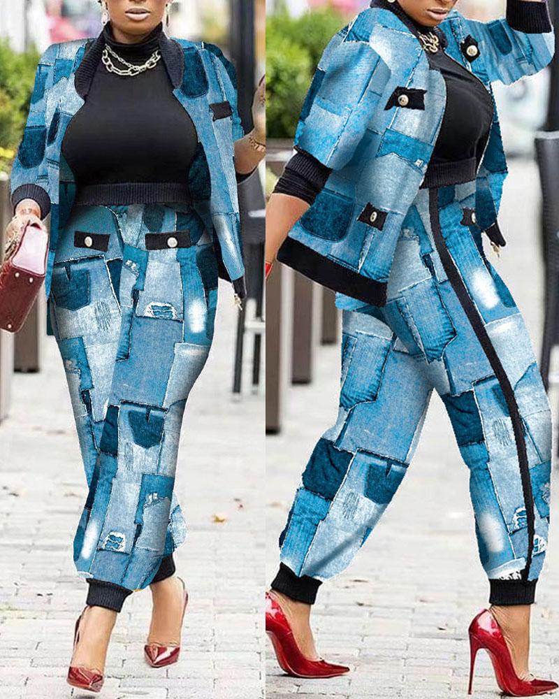 

Plus Size Denim Look Print Zip Up Coat & Cuffed Pants Set, Blue