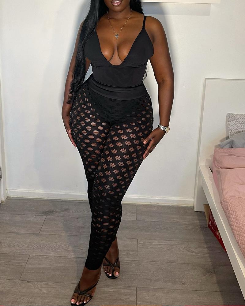 

Spaghetti Strap Bodysuit & Hollow Out Pants Set, Black
