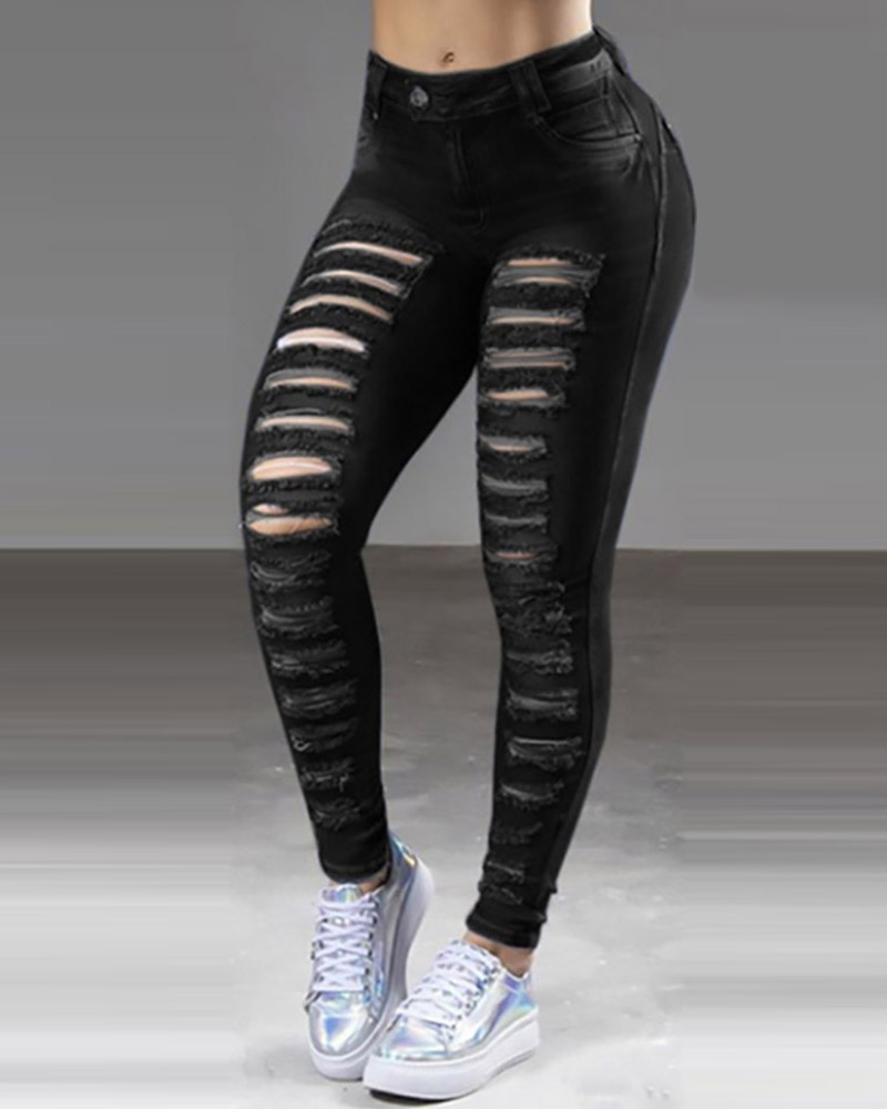 

Ripped Pocket Design High Waist Jeans, Black