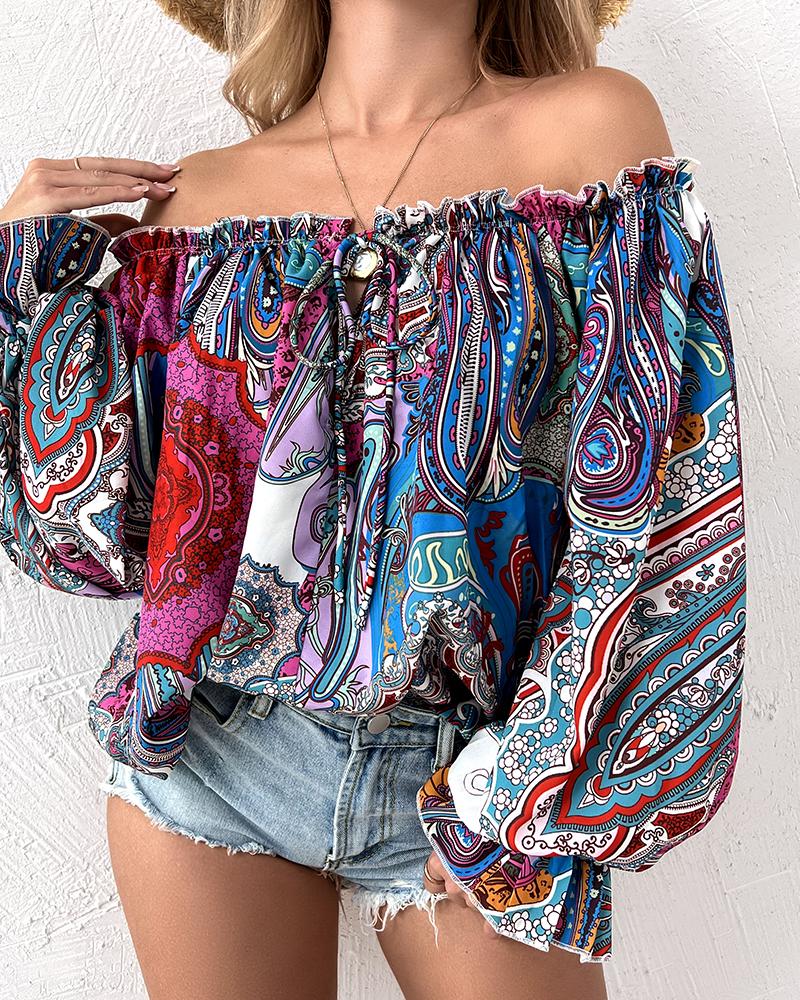 

Tribal Print Off Shoulder Lantern Sleeve Top, Multicolor