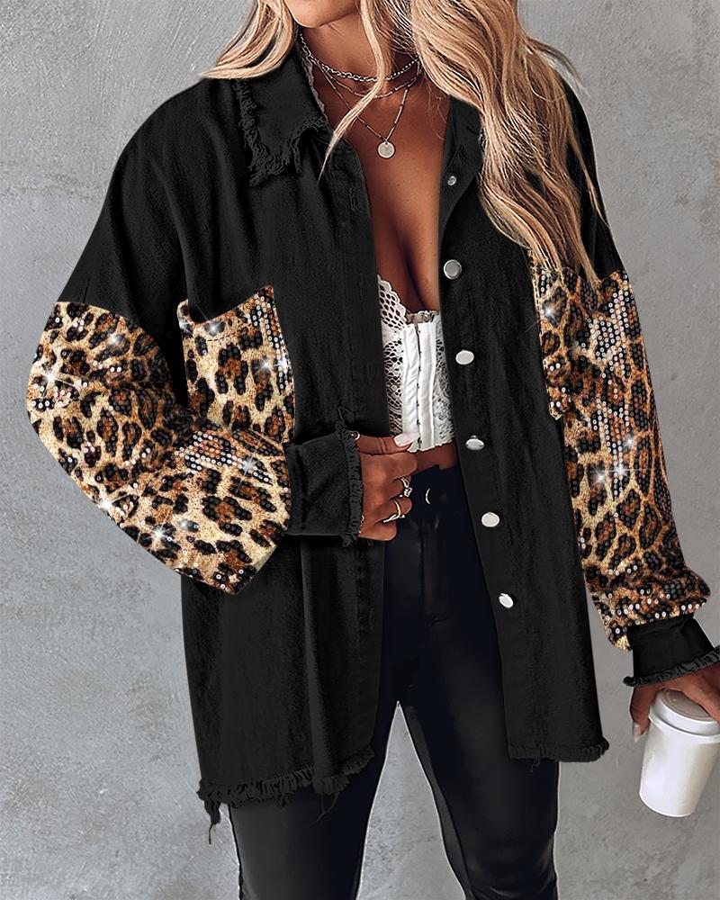 

Contrast Leopard Sequin Patchwork Long Sleeve Jacket Top Button Front Raw Hem Shacket, Black