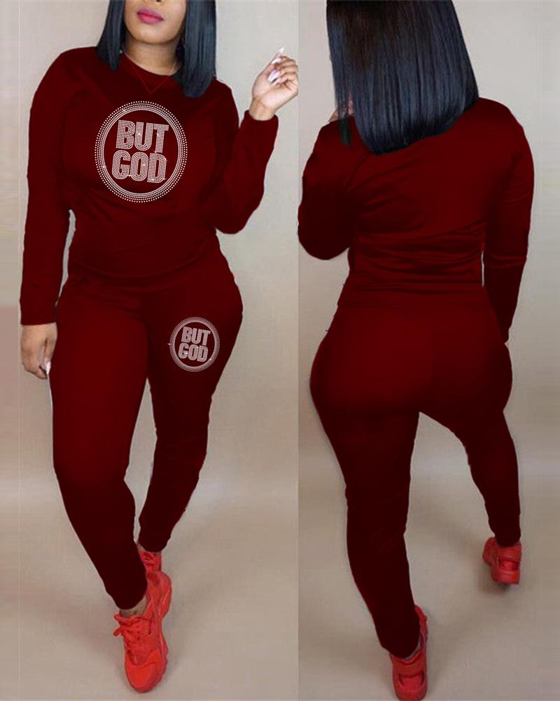 

Rhinestone Letter Pattern Long Sleeve Top & Pants Set, Wine red