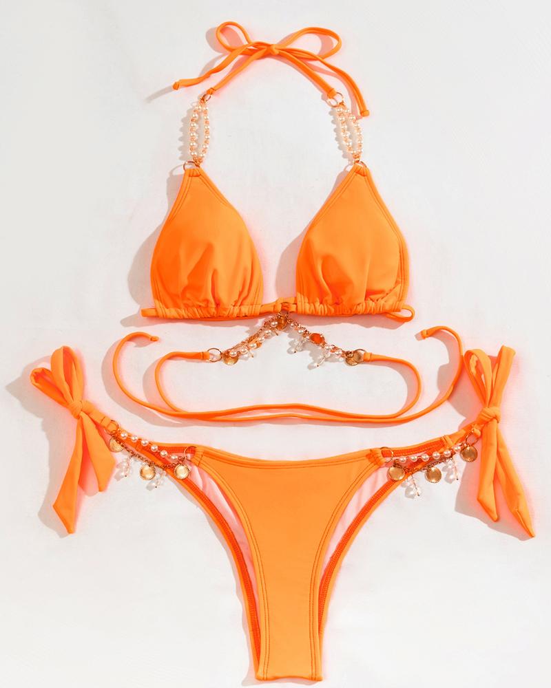 

Pearls Rhinestone Strap Tied Detail Bikini Set, Orange