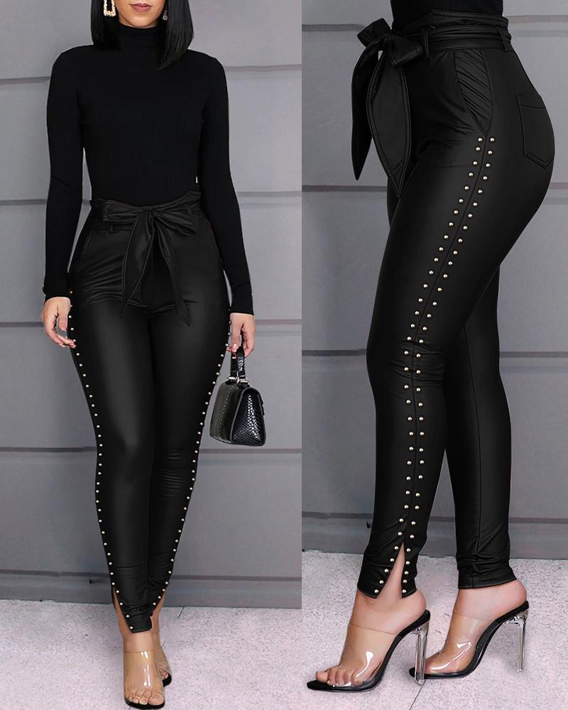 

Studded PU Leather Skinny Pants With Belt High Waist Long Pants, Black