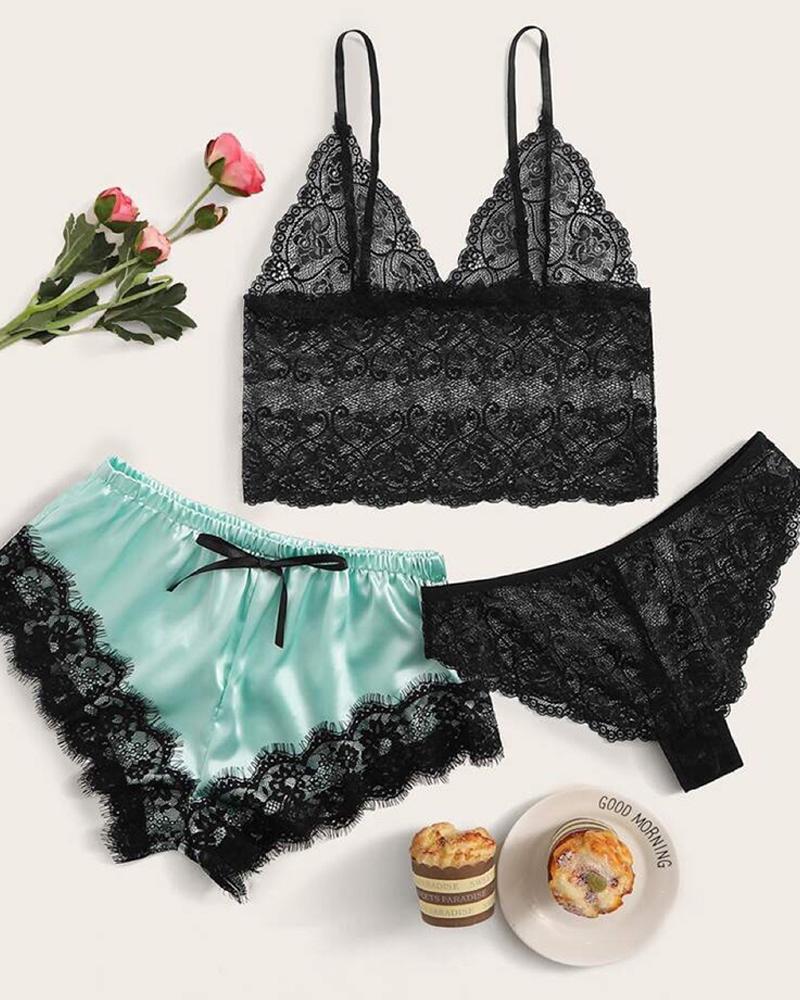 

Eyelash Crochet Lace Satin Cami Set With Panty, Black