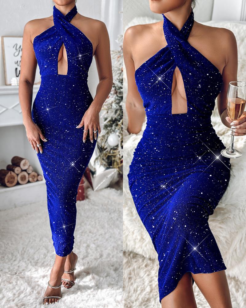 

Cross Halter Neck Backless Glitter Evening Dress, Blue