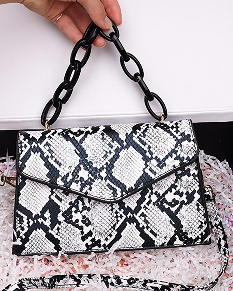 

Snakeskin Print Flap Crossbody Bag With Handle, White