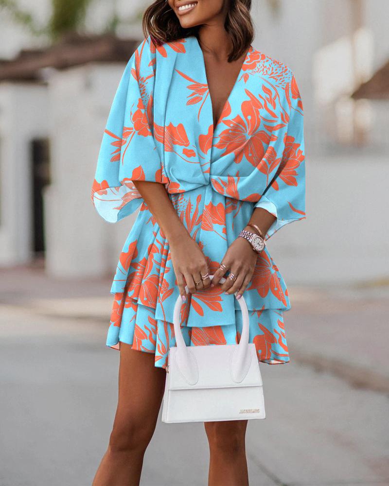 

Plants Print Twist Design Casual Dress, Sky blue