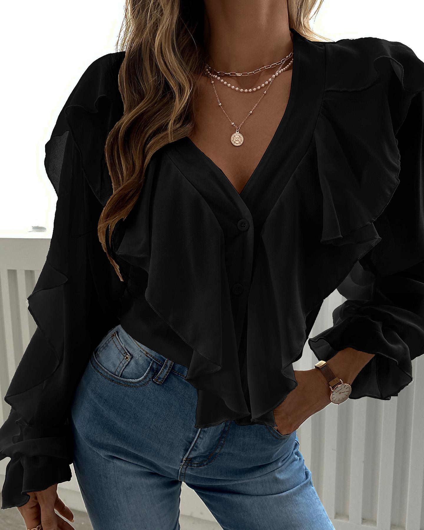 

Ruffles Button Design Long Sleeve Top, Black