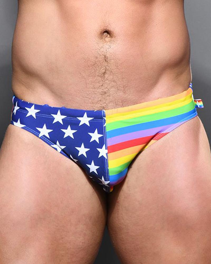 

Star Print Splicing Rainbow Striped Print Low Waist Skinny Underpants, Multicolor