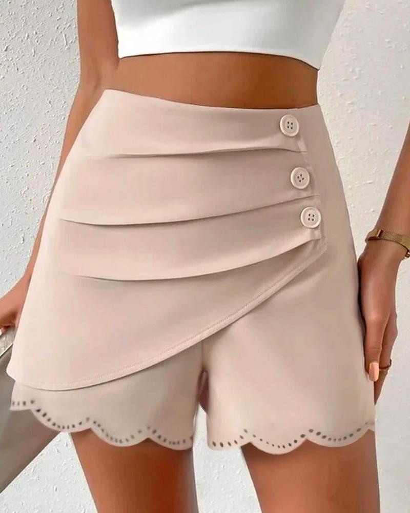 

Scallop Trim Hollow Out Ruched Shorts, Apricot