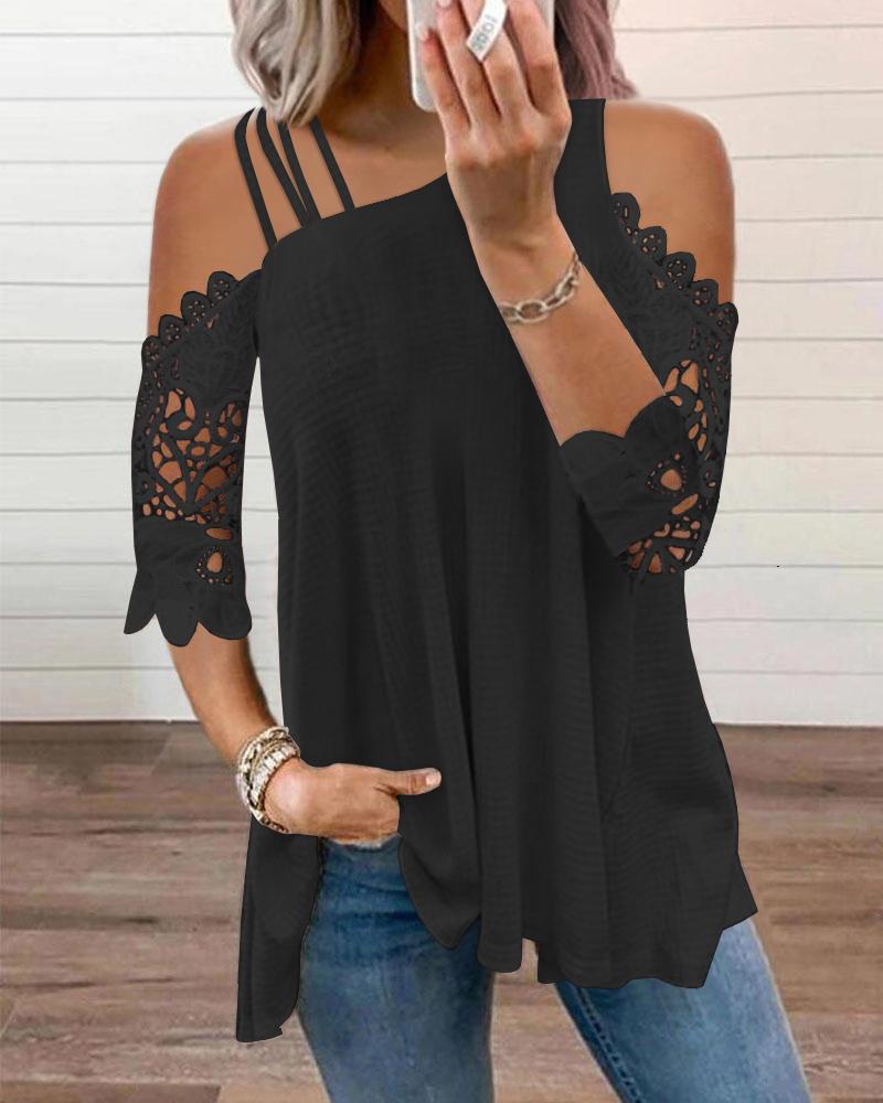 

Contrast Lace Cold Shoulder Top, Black