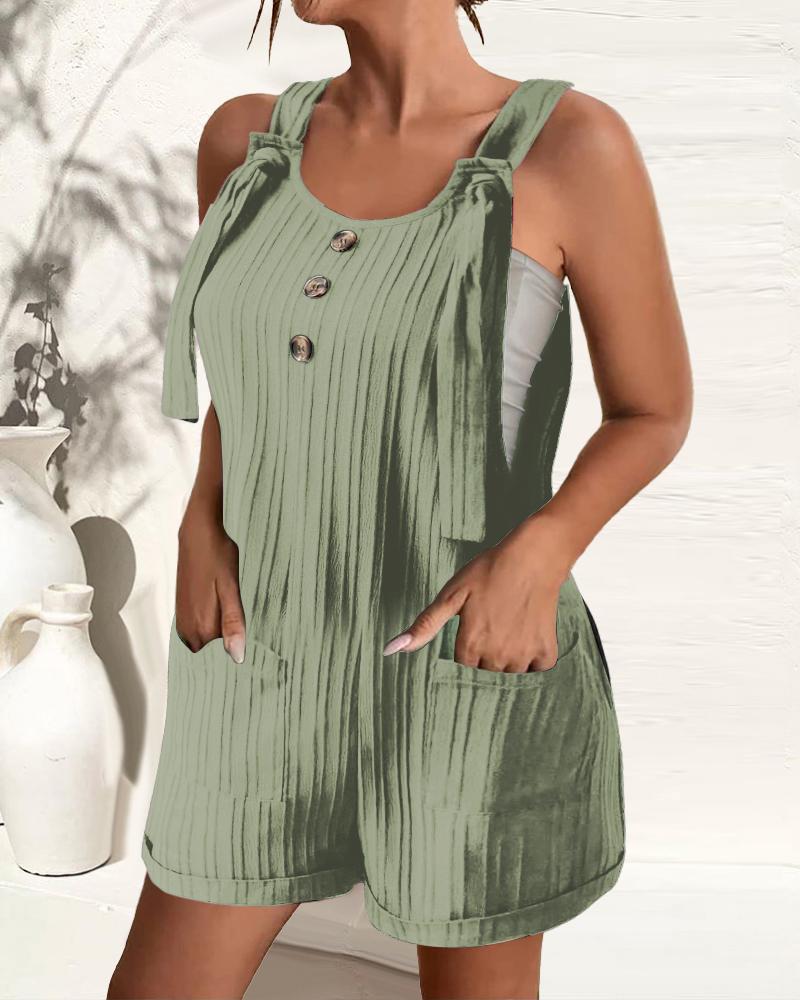 

Button Pocket Design Textured Suspender Romper, Green