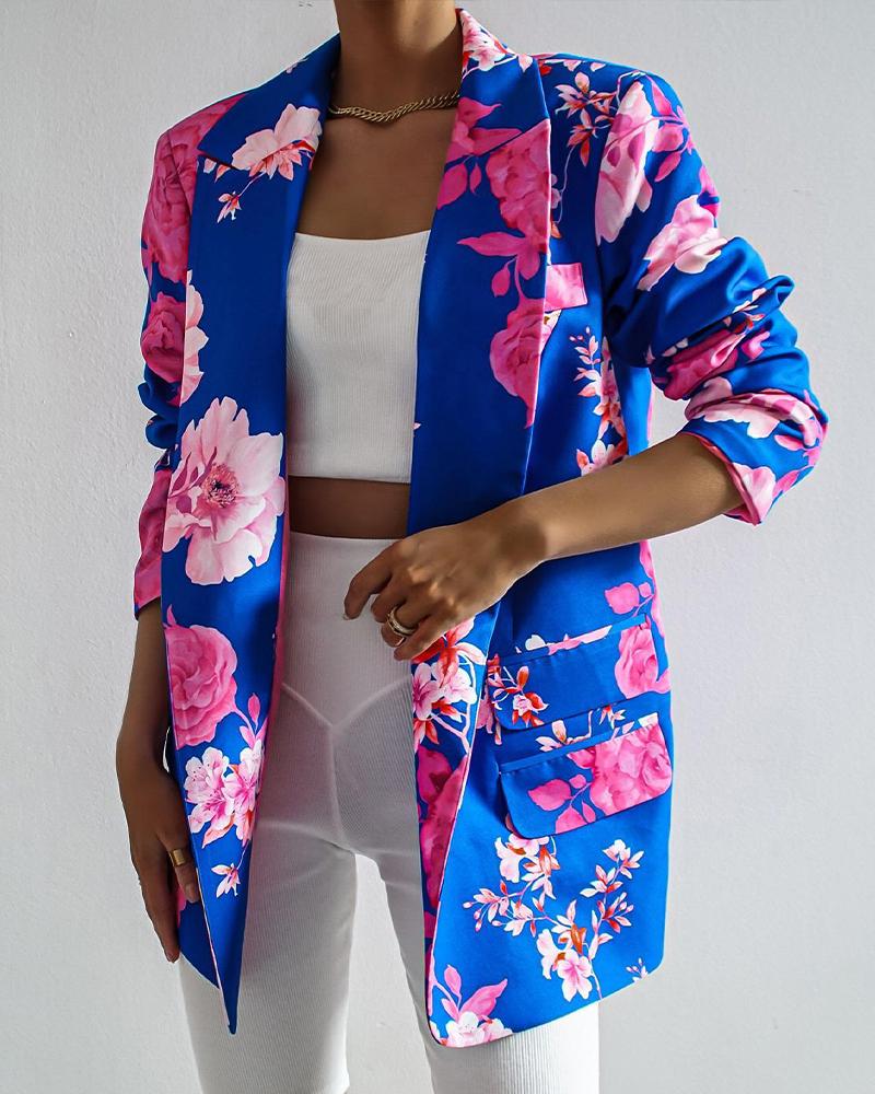 

Floral Print Long Sleeve Blazer, Blue