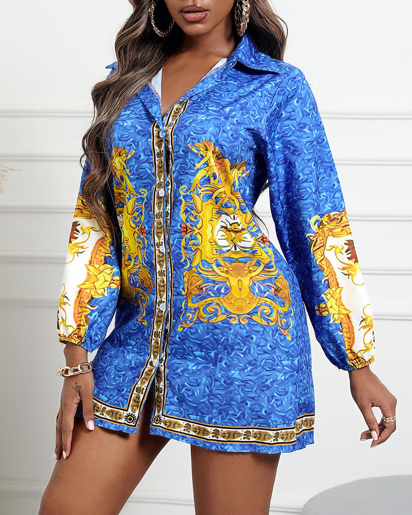 

Paisley Print Button Front Shirt Dress, Blue