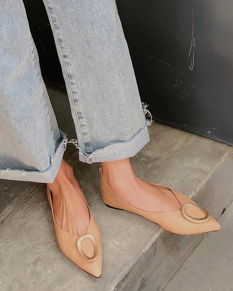 

Metal Decor Pointed Toe Slip On Flats, Khaki