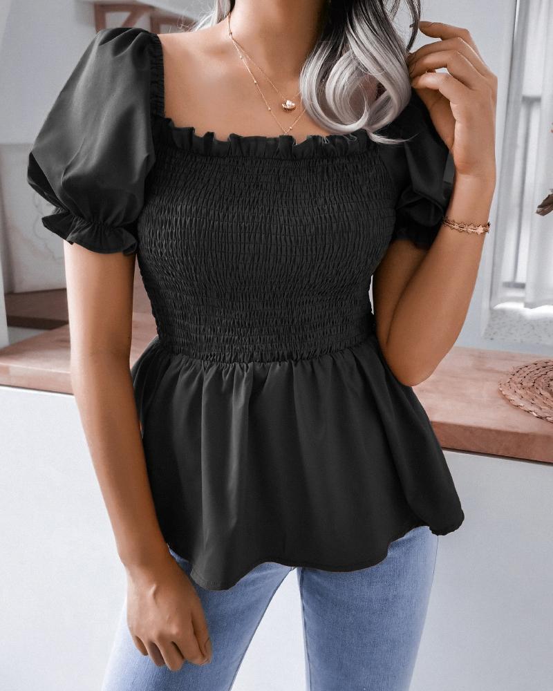 

Puff Sleeve Shirred Ruffles Ruched Top, Black