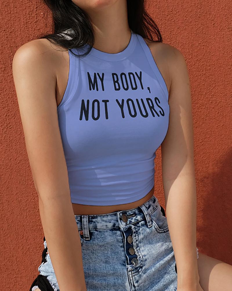 

Letter Print Sleeveless Crop Top, Blue