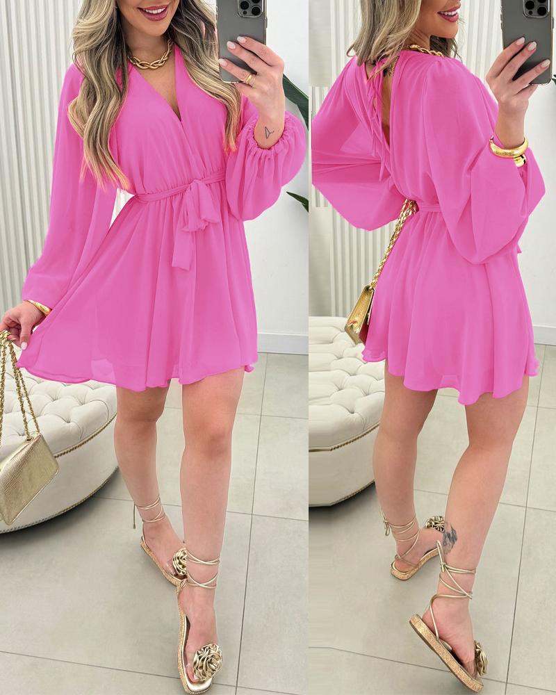 

Mono de gasa con escote en V, manga larga, detalle anudado, falda pantalón sin espalda, Pink