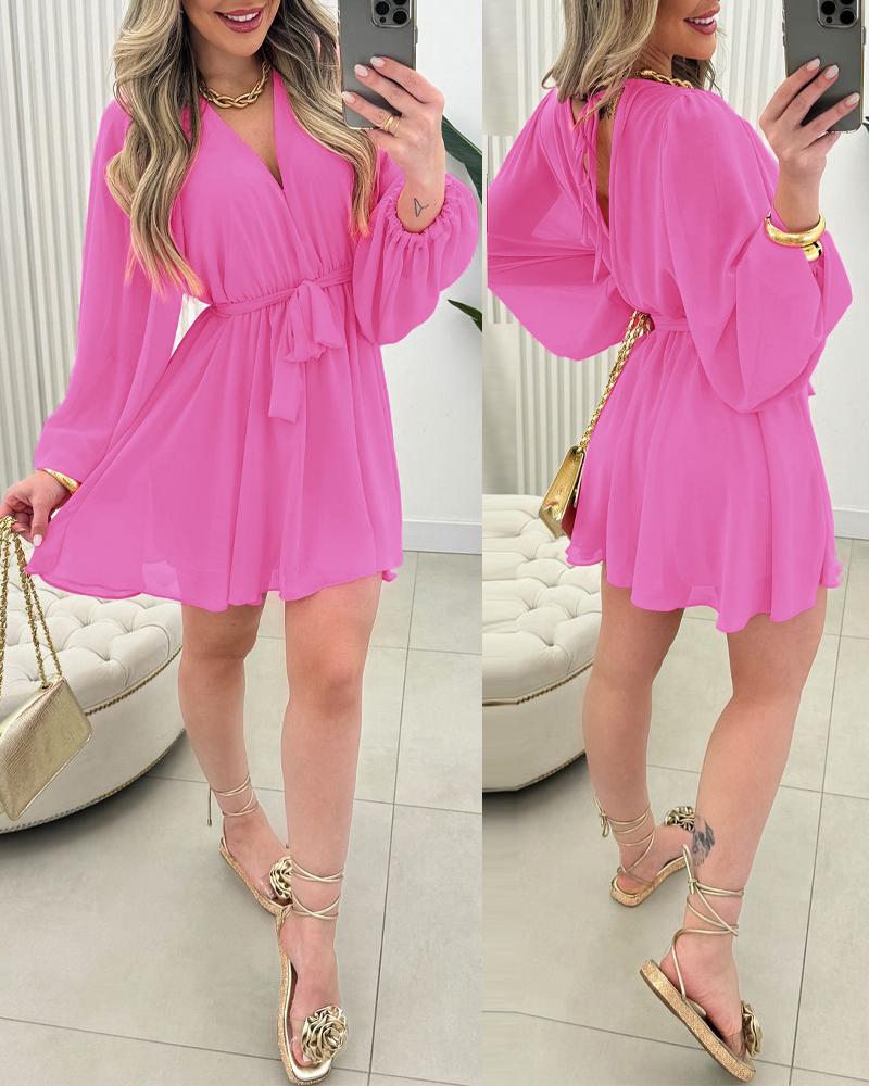 

Chiffon V-Neck Long Sleeve Romper Tied Detail Backless Skort Overall, Pink