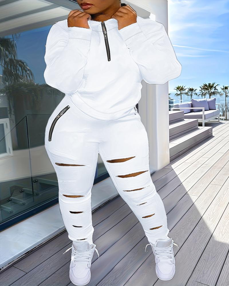 

Plus Size Zipper Design Sweatshirt & Ladder Cutout Sweatpants Set, White