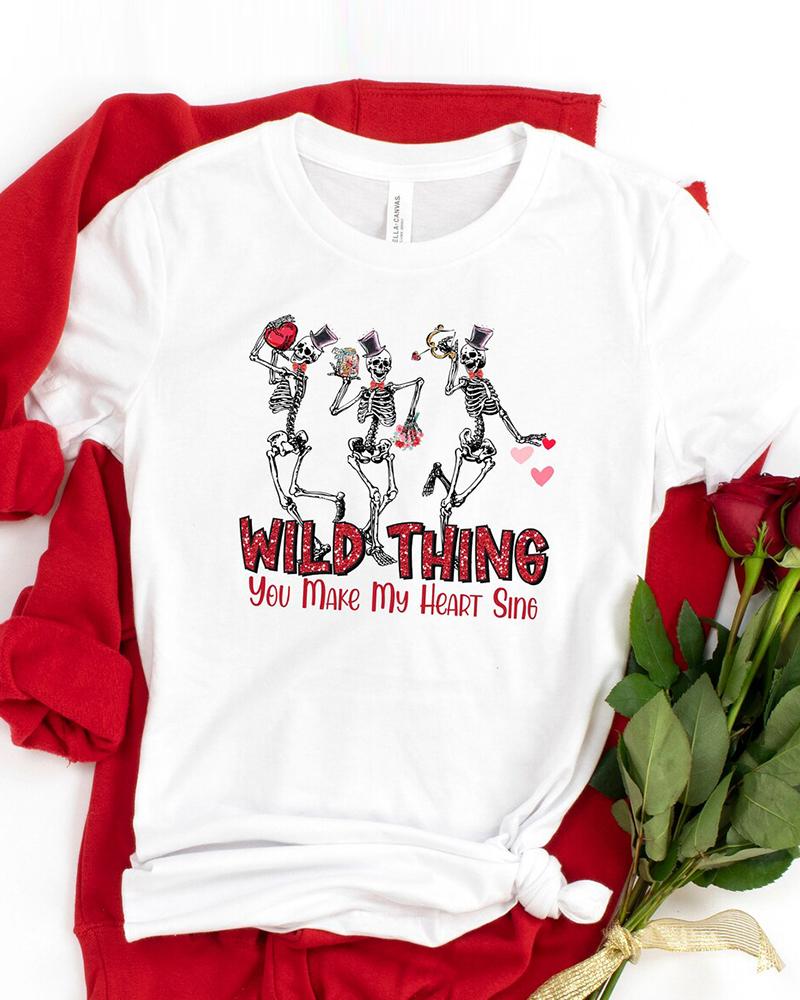 

Valentine' Day Skull Skeleton Letter Heart Print T-shirt, White