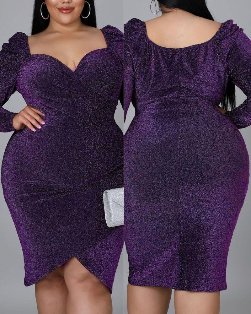 

Plus Size Long Sleeve Glitter Ruched Party Dress, Purple
