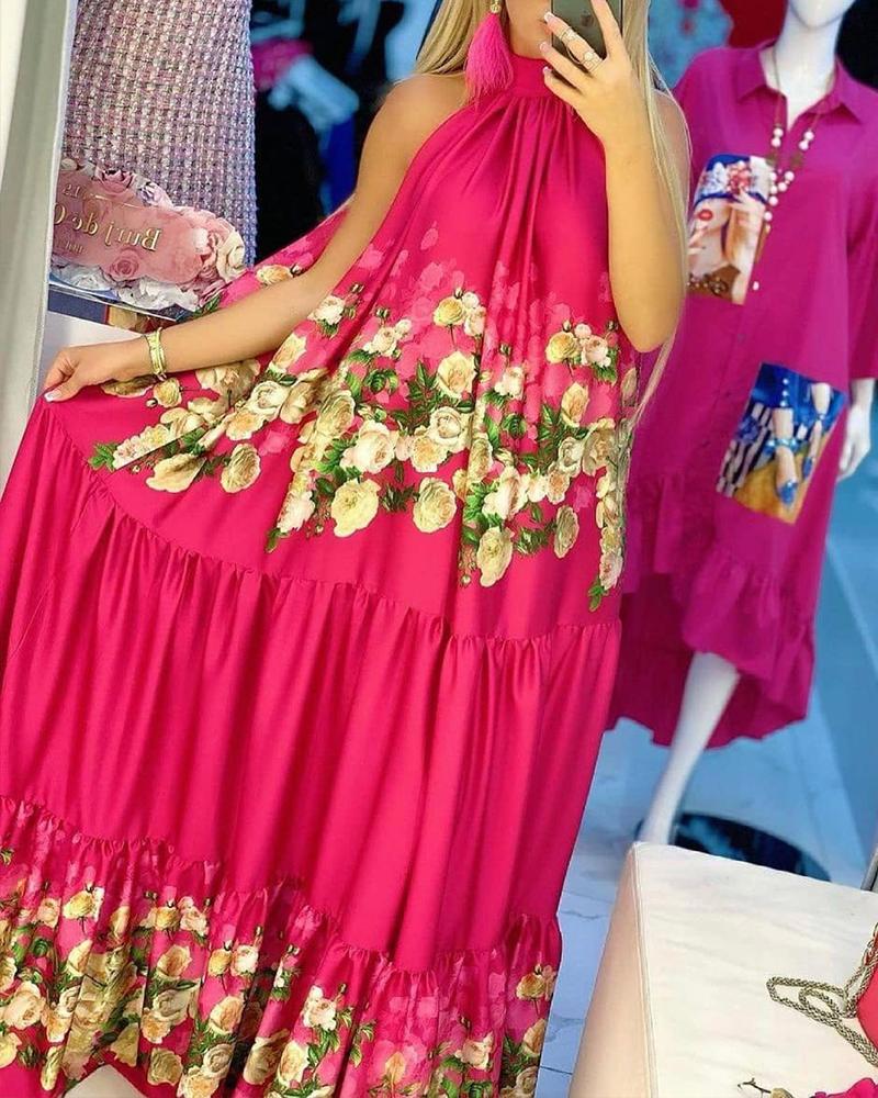 

Floral Print Sleeveless Loose Maxi Dress, Red