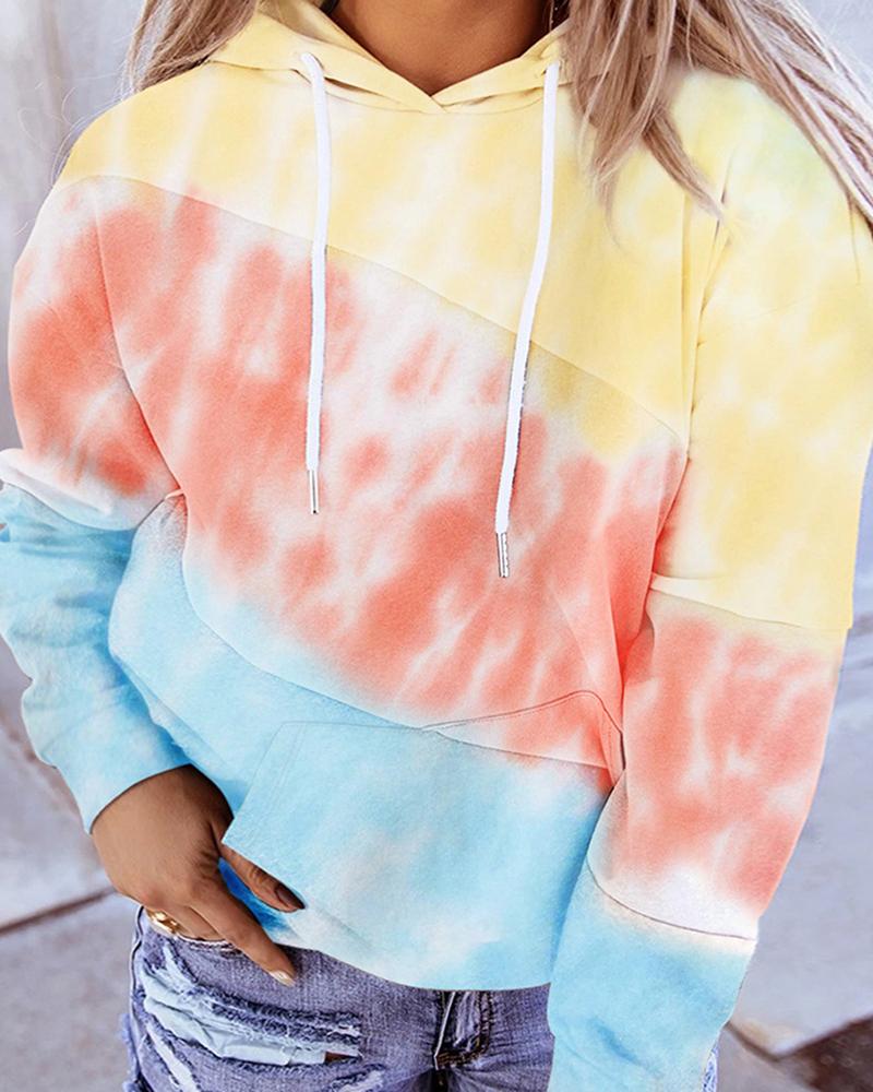 

Tie Dye Print Colorblock Casual Hooded Top, Multicolor