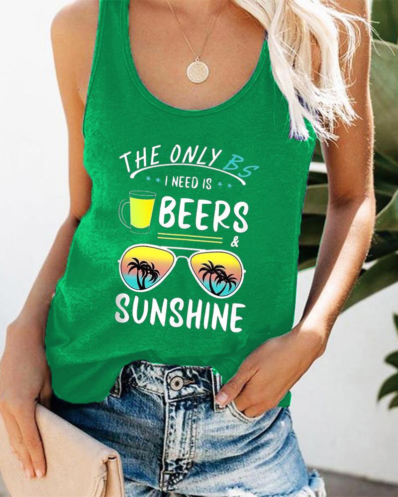 

Sunglasses Beers Coconut Tree Letter Print Graphic Tee Summer Beach Vest Tank Top, Green